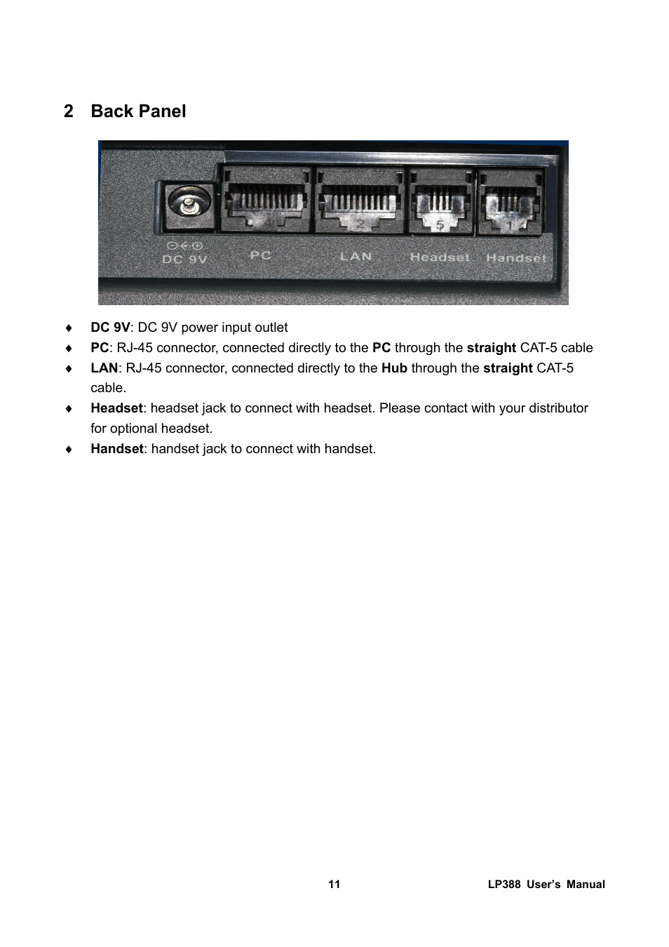 2 back panel, Back panel | Welltech LP-388 Release 103 User Manual | Page 12 / 97