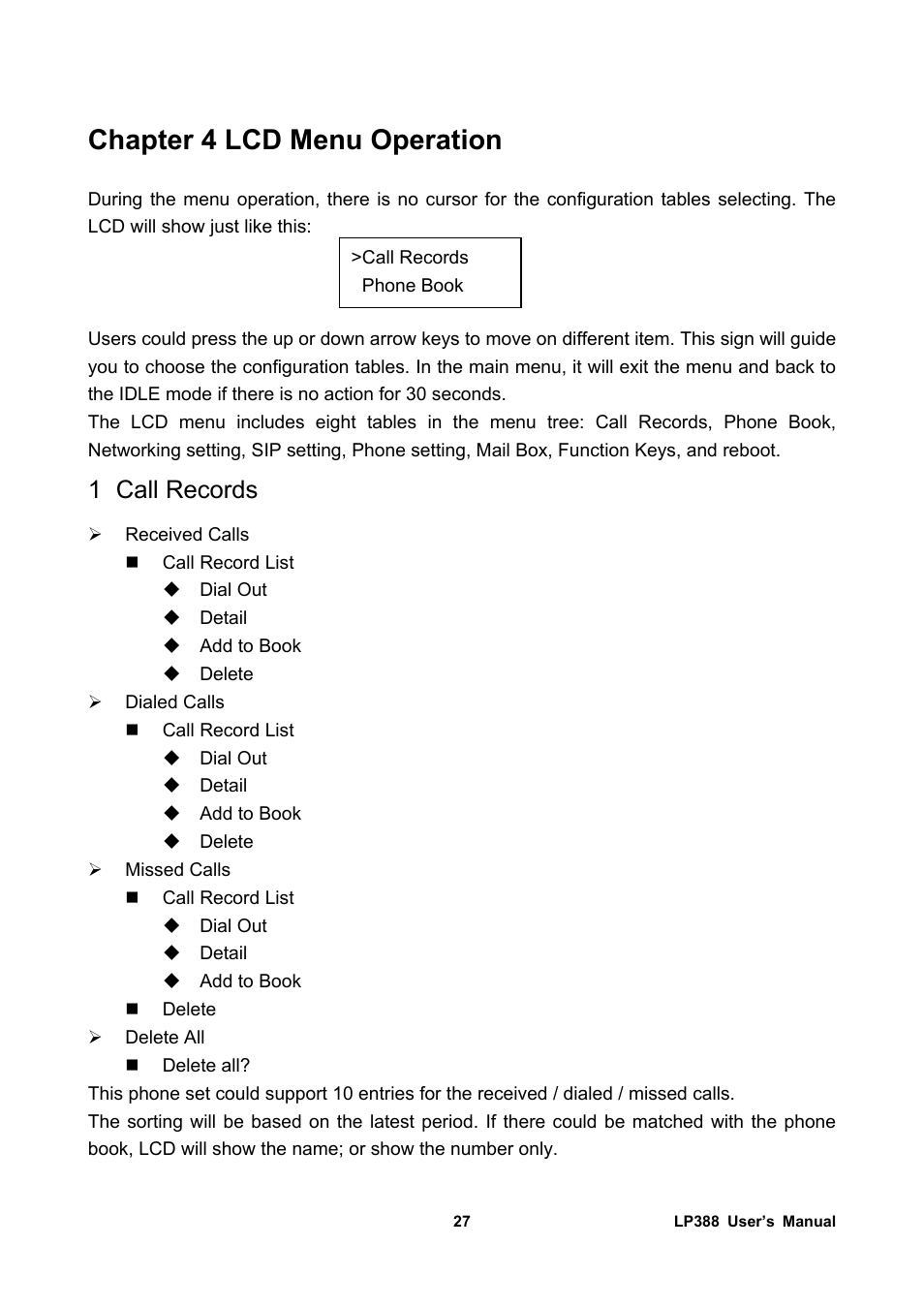 Chapter 4 lcd menu operation, 1 call records, Call records | Welltech LP-388 Release 103 User Manual | Page 28 / 97