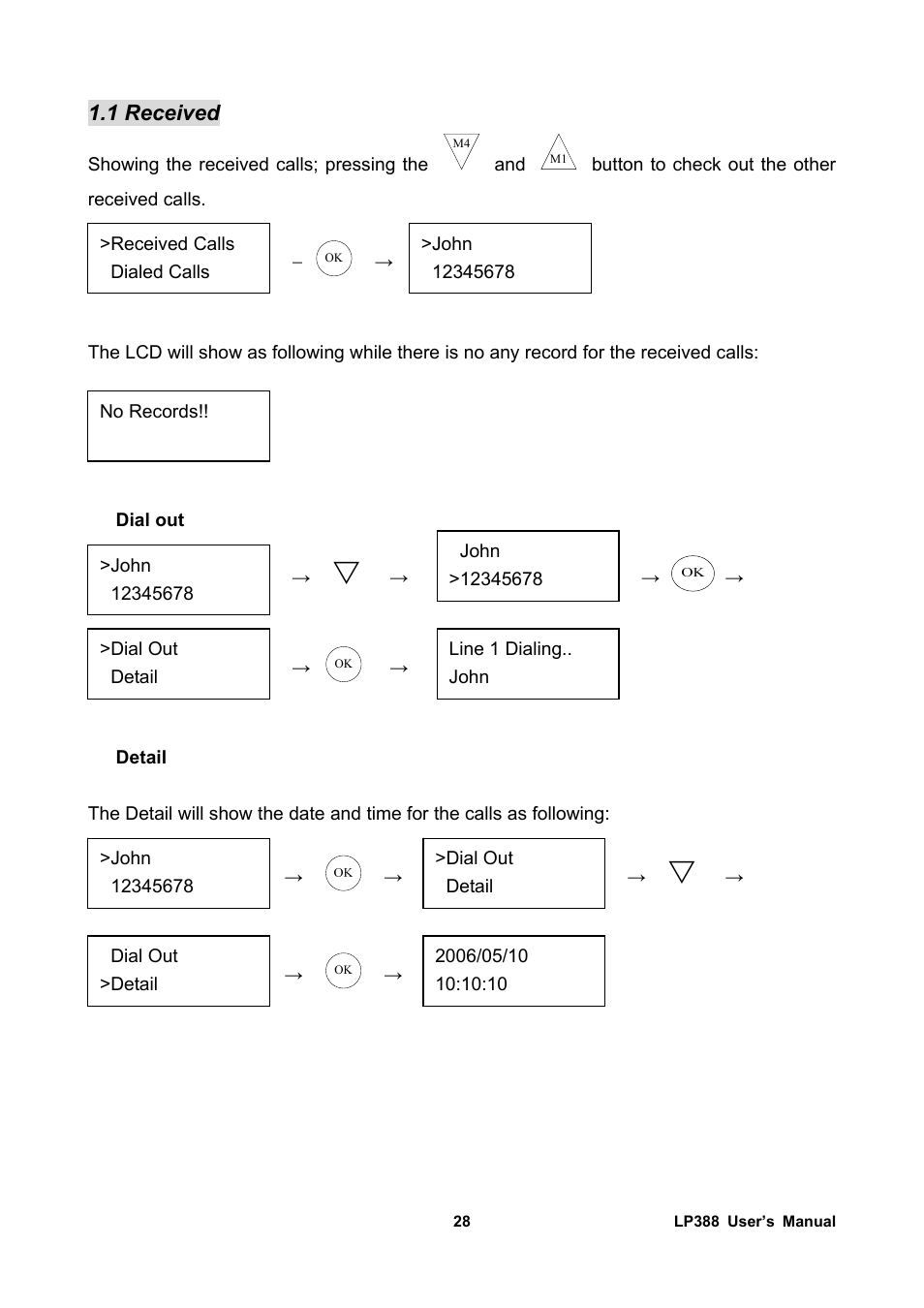 1 received, Dial out, Detail | Welltech LP-388 Release 103 User Manual | Page 29 / 97