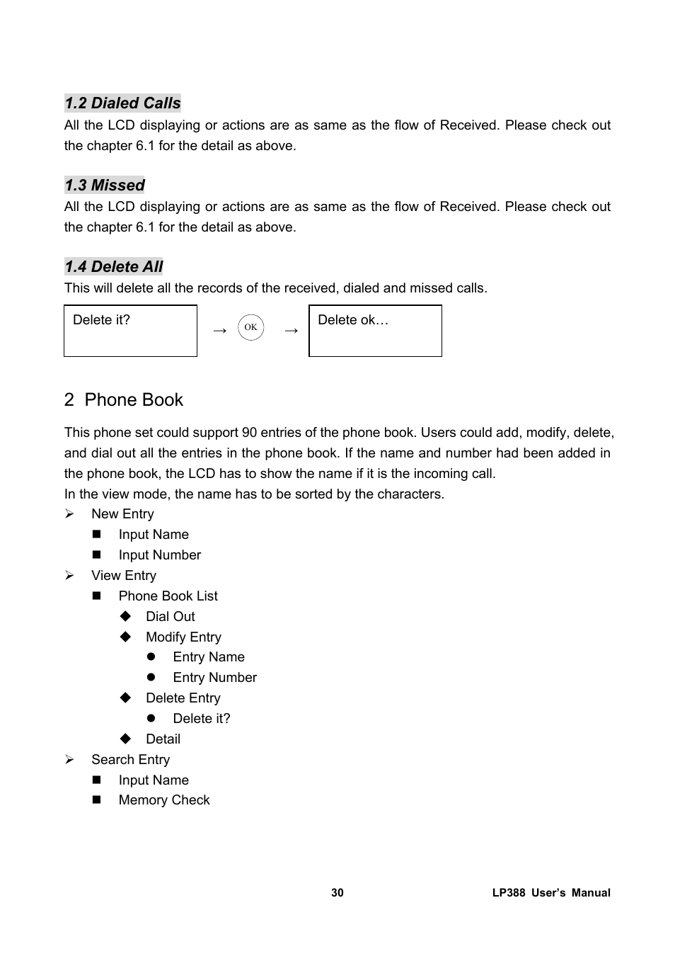 2 dialed calls, 3 missed, 4 delete all | 2 phone book, Phone book | Welltech LP-388 Release 103 User Manual | Page 31 / 97