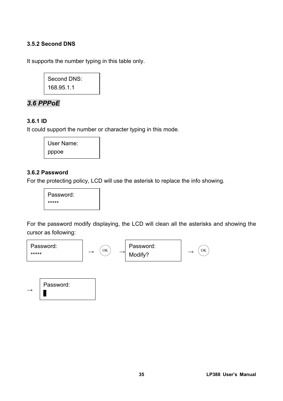 2 second dns, 6 pppoe, 1 id | 2 password | Welltech LP-388 Release 103 User Manual | Page 36 / 97