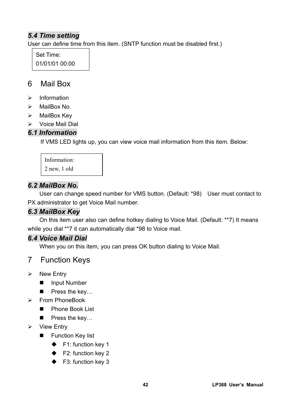 4 time setting, 6 mail box, 1 information | 2 mailbox no, 3 mailbox key, 4 voice mail dial, 7 function keys, Mail box, Function keys | Welltech LP-388 Release 103 User Manual | Page 43 / 97