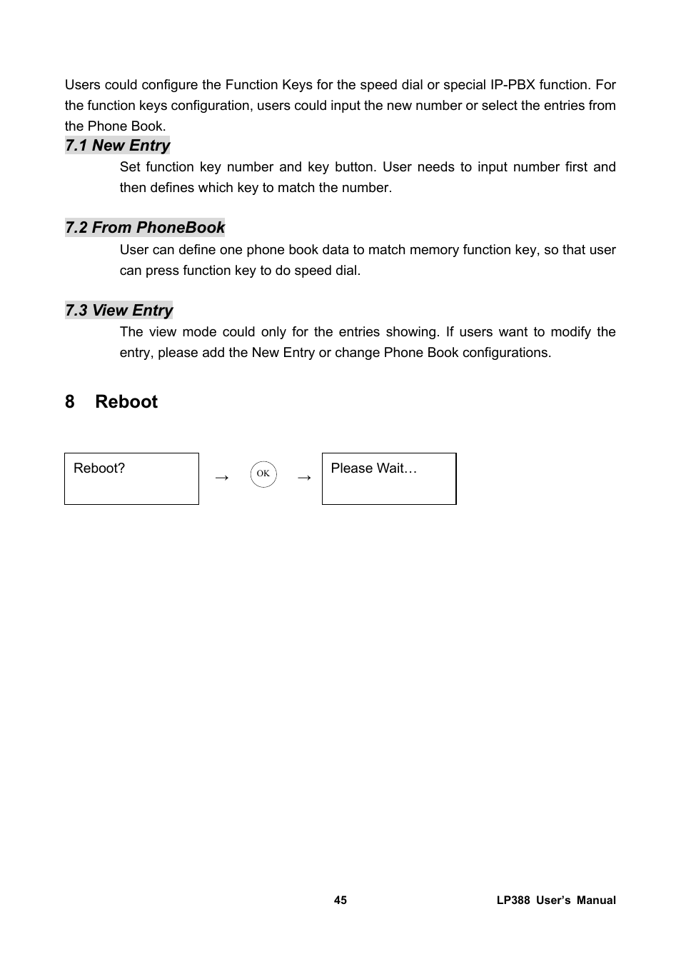 1 new entry, 2 from phonebook, 3 view entry | 8 reboot, Reboot | Welltech LP-388 Release 103 User Manual | Page 46 / 97