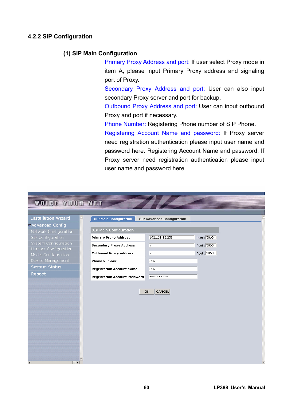 2 sip configuration, 1) sip main configuration | Welltech LP-388 Release 103 User Manual | Page 61 / 97