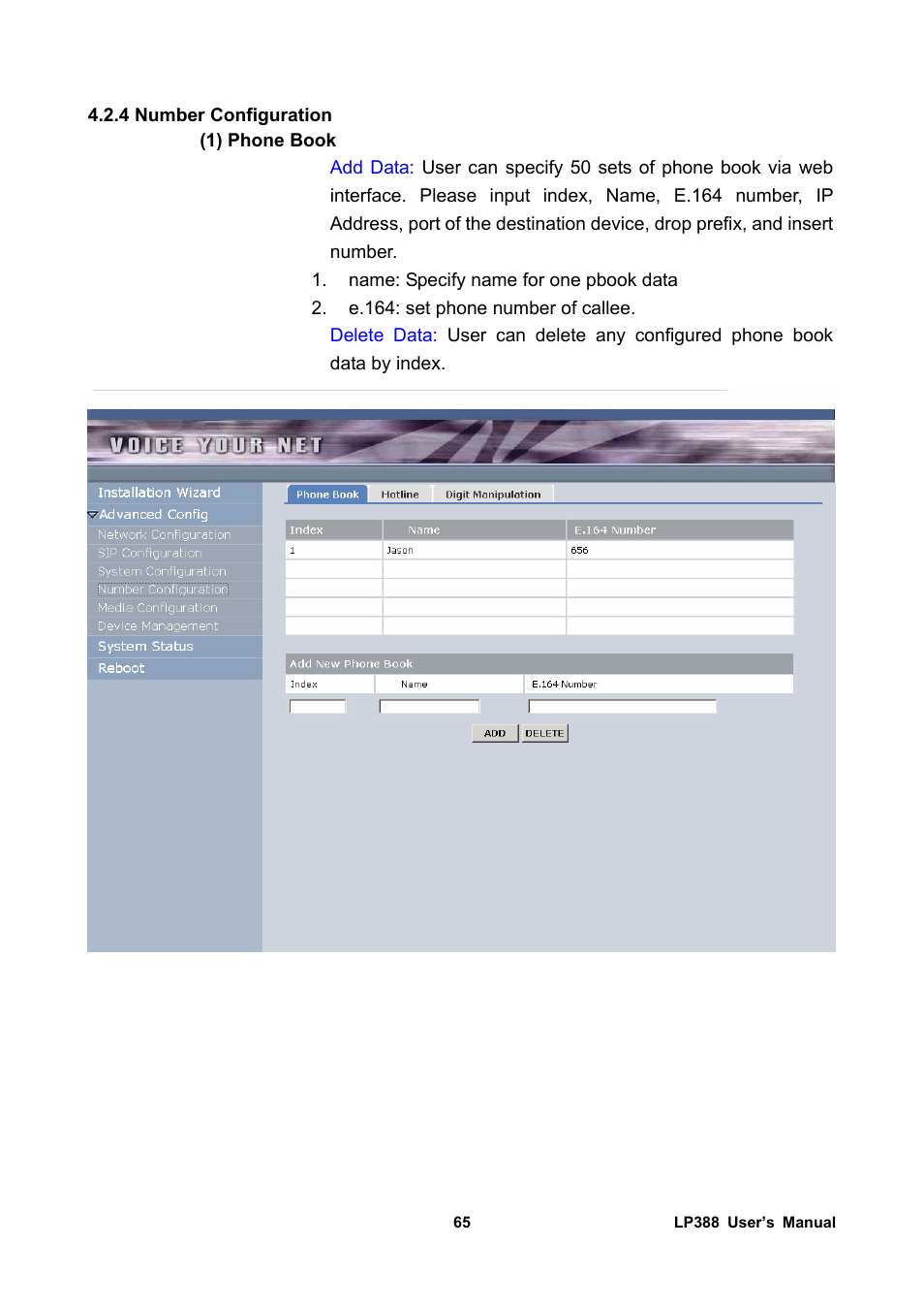 4 number configuration, 1) phone book | Welltech LP-388 Release 103 User Manual | Page 66 / 97