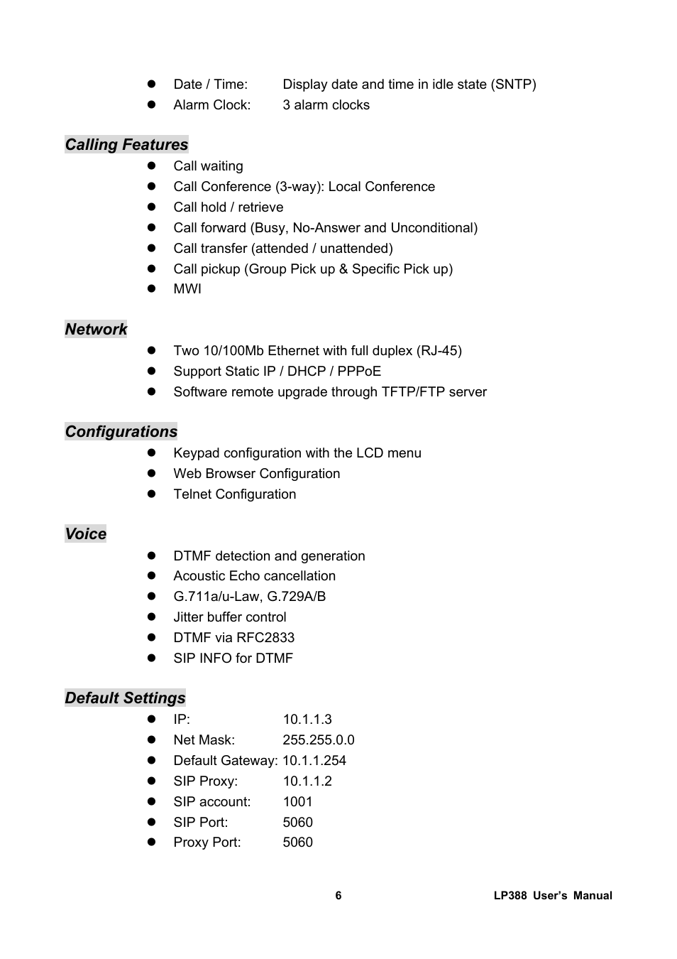 Calling features, Network, Configurations | Voice, Default settings | Welltech LP-388 Release 103 User Manual | Page 7 / 97