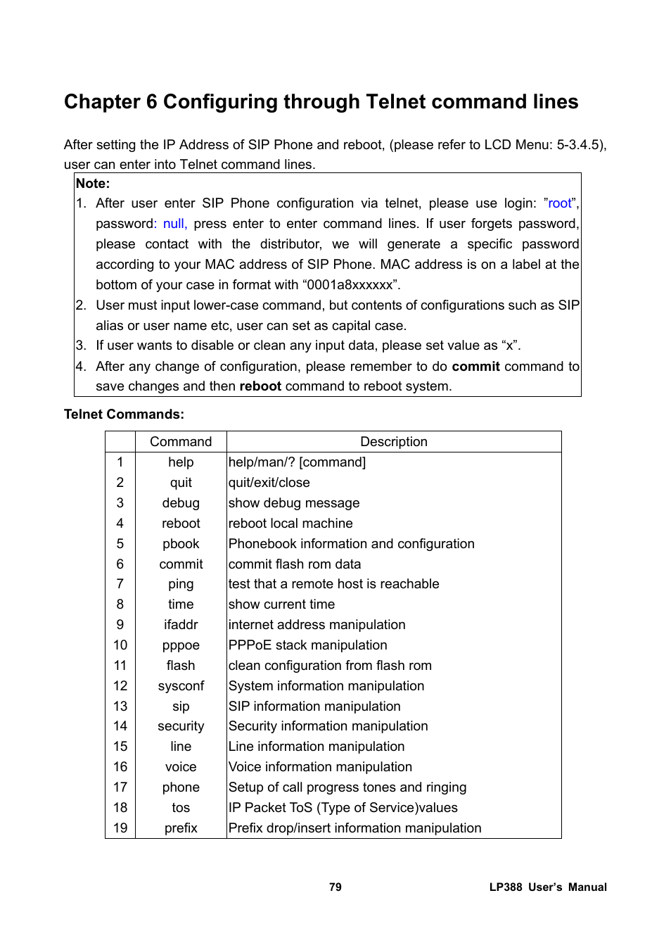 Chapter 6 configuring through telnet command lines | Welltech LP-388 Release 103 User Manual | Page 80 / 97