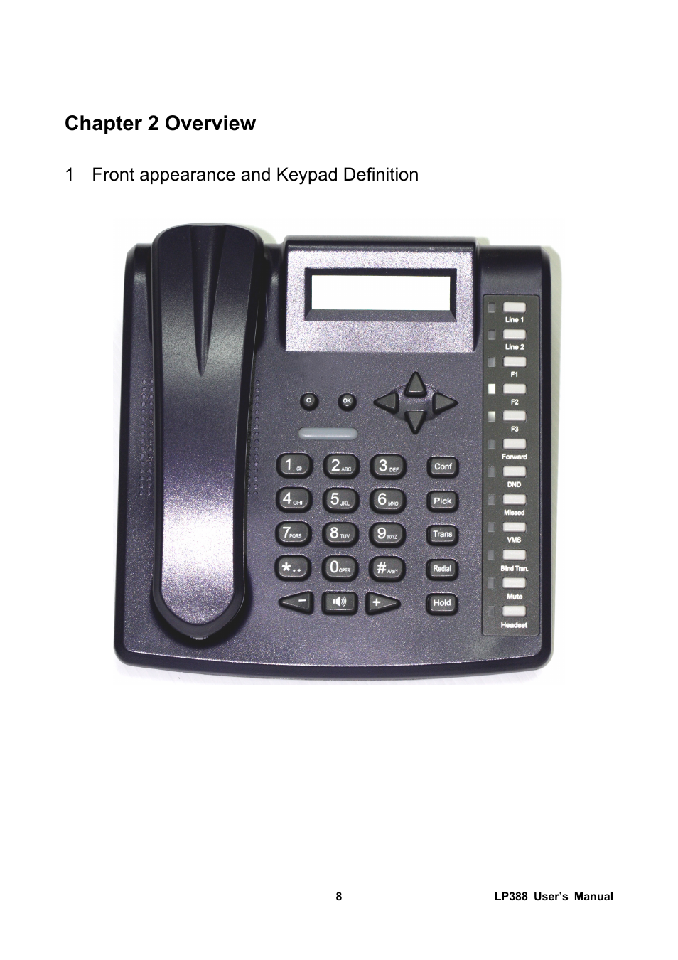 Chapter 2 overview, 1 front appearance and keypad definition, Front appearance and keypad definition | Welltech LP-388 Release 103 User Manual | Page 9 / 97