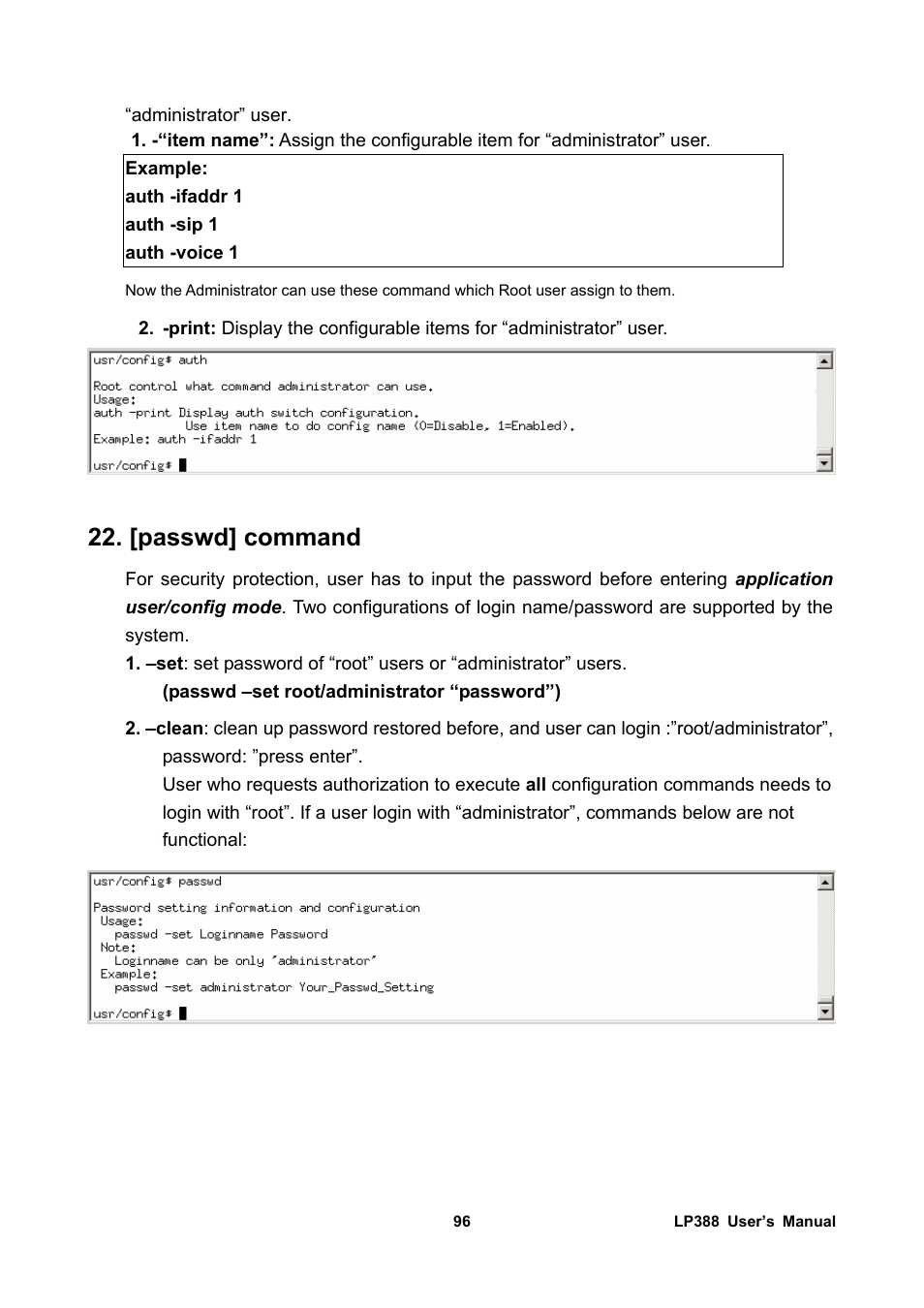 [passwd] command | Welltech LP-388 Release 103 User Manual | Page 97 / 97