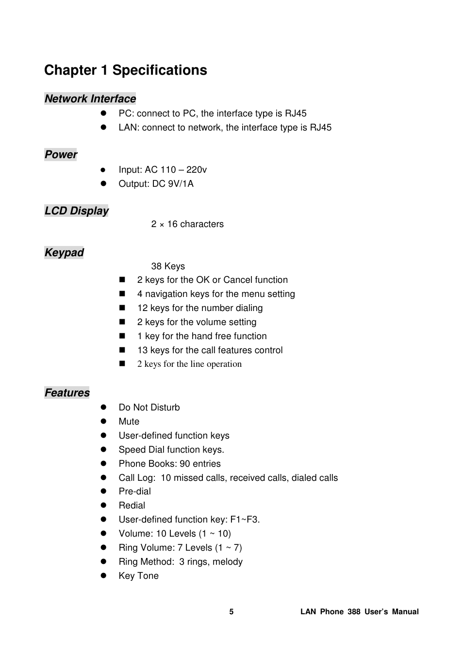 Chapter 1 specifications | Welltech LP-388 Mar-05-2007 User Manual | Page 6 / 95