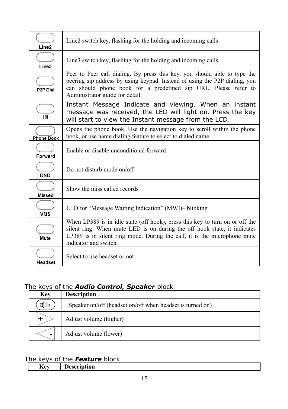 The keys of the audio control, speaker block, The keys of the feature block | Welltech LP-389 v.1.06 Operation Guide User Manual | Page 15 / 58