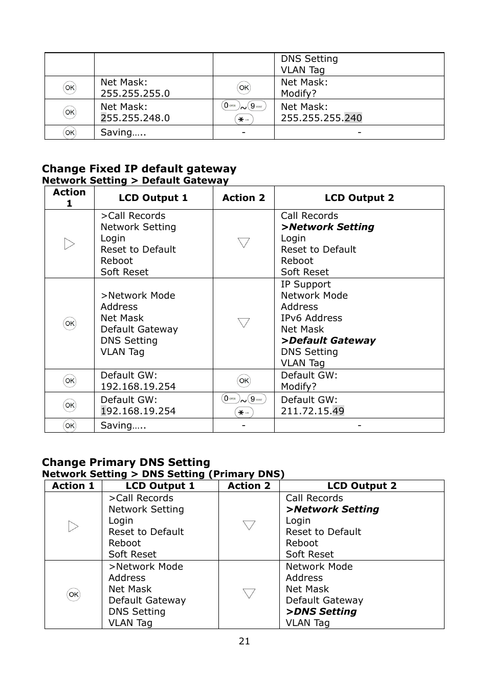 Change fixed ip default gateway, Change primary dns setting | Welltech LP-389 v.1.06 Operation Guide User Manual | Page 21 / 58