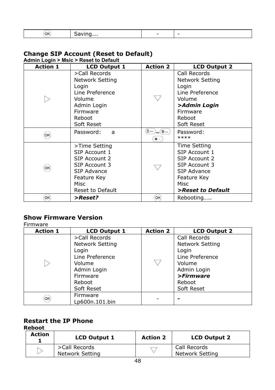 Show firmware version, Firmware, Restart the ip phone | Preference settings | Welltech LP-389 v.1.06 Operation Guide User Manual | Page 48 / 58