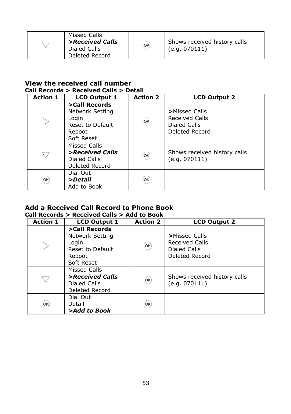 View the received call number, Add a received call record to phone book | Welltech LP-389 v.1.06 Operation Guide User Manual | Page 53 / 58
