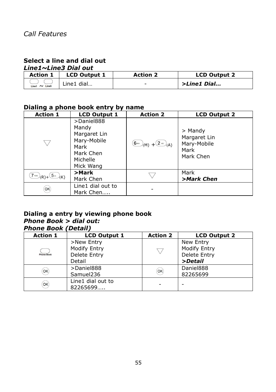 Select a line and dial out, Dialing a phone book entry by name, Dialing a entry by viewing phone book | Call features | Welltech LP-389 v.1.06 Operation Guide User Manual | Page 55 / 58