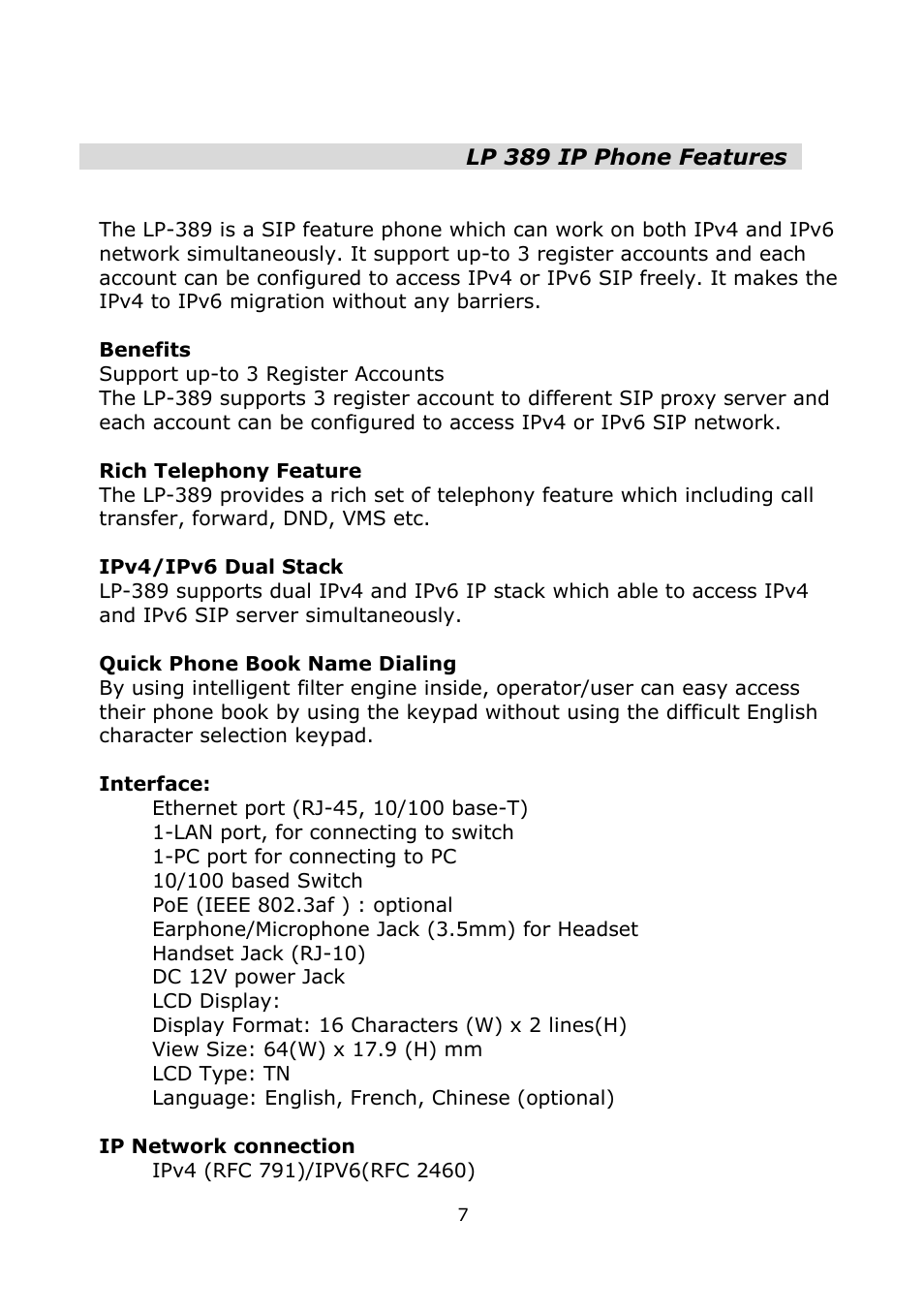 Lp 389 ip phone features | Welltech LP-389 v.1.06 Operation Guide User Manual | Page 7 / 58