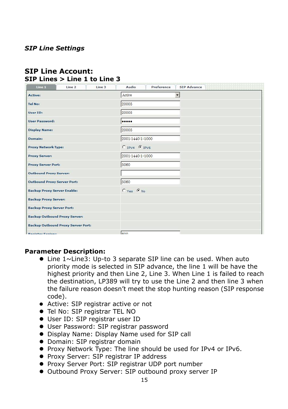 Sip line settings | Welltech LP-389 v.1.06 Administrator Guide User Manual | Page 15 / 31