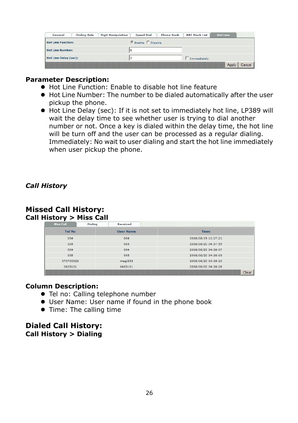 Call history | Welltech LP-389 v.1.06 Administrator Guide User Manual | Page 26 / 31