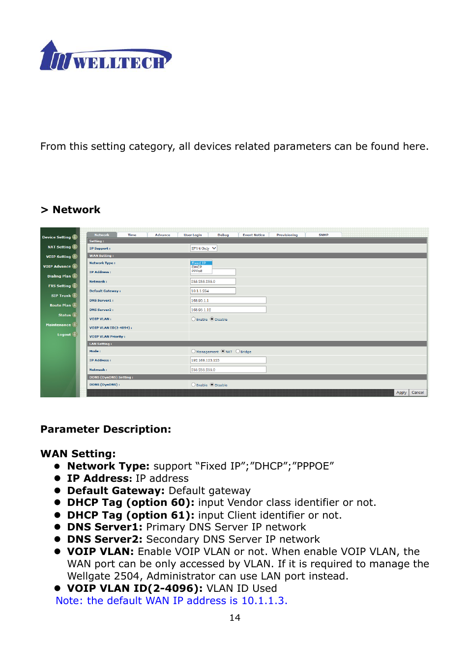 Ch2 device settings, 1 network configuration | Welltech WG2504 FXS V.4.02 User Manual | Page 14 / 95