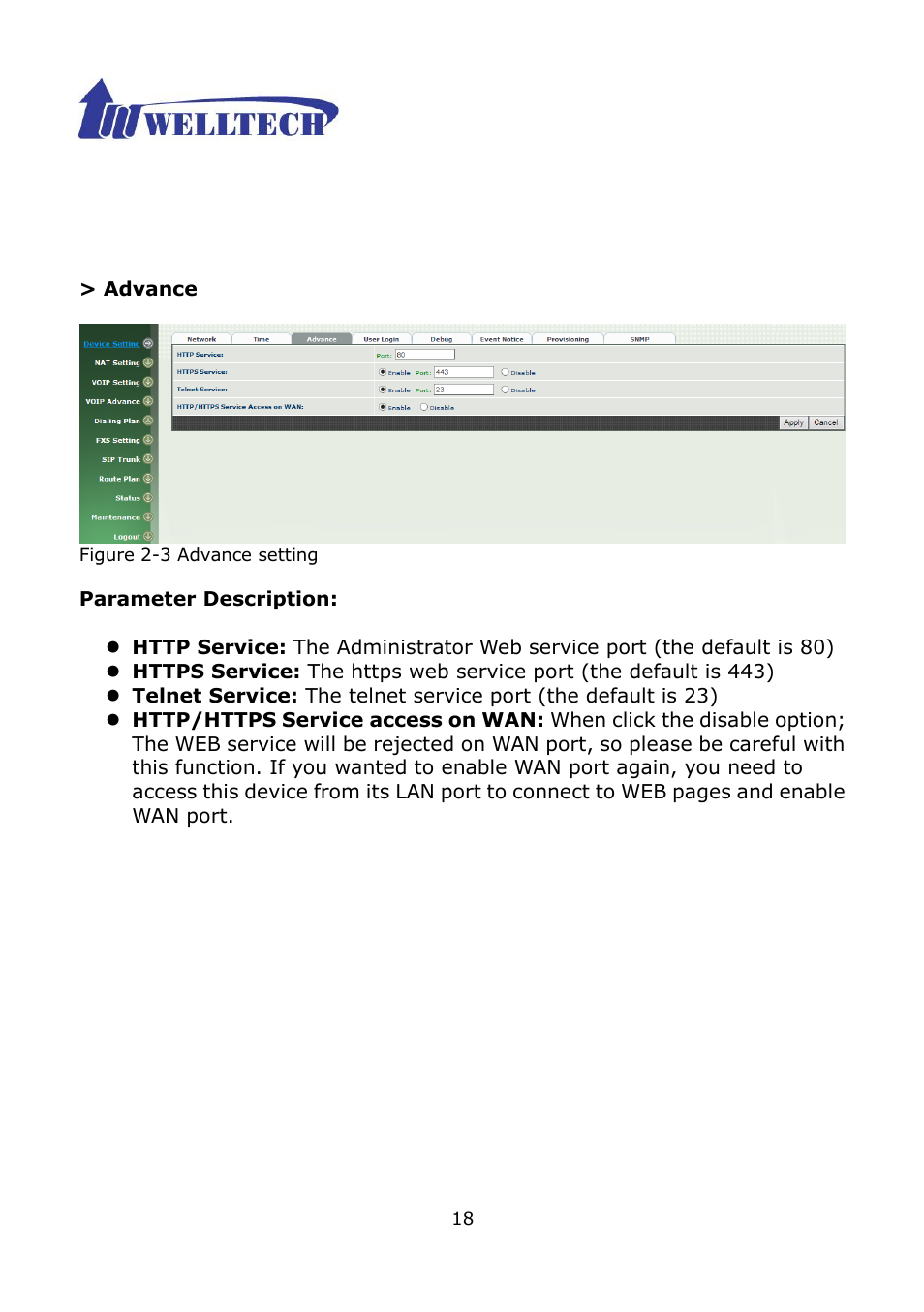 3 device advance setting | Welltech WG2504 FXS V.4.02 User Manual | Page 18 / 95