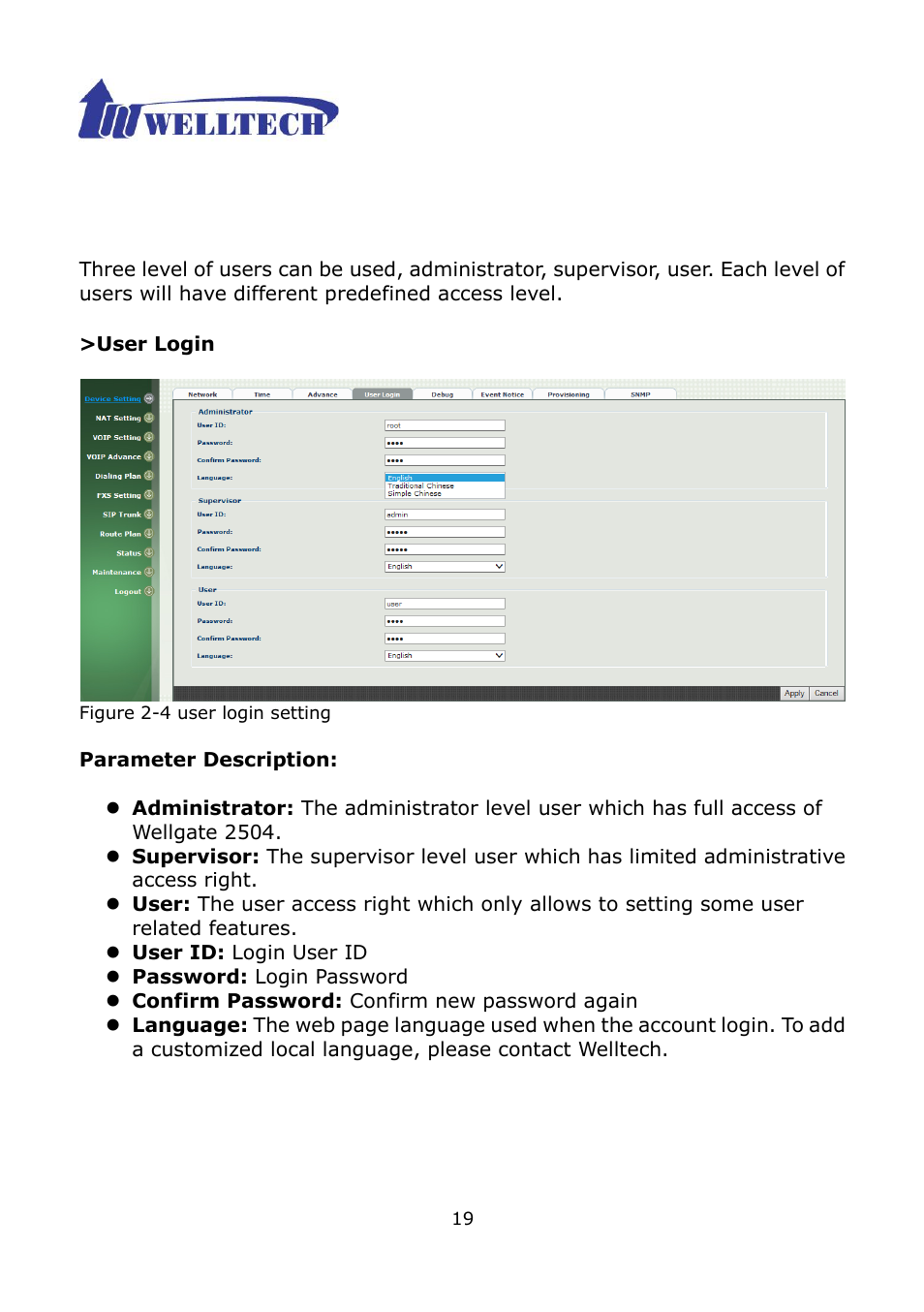 4 user login setting | Welltech WG2504 FXS V.4.02 User Manual | Page 19 / 95