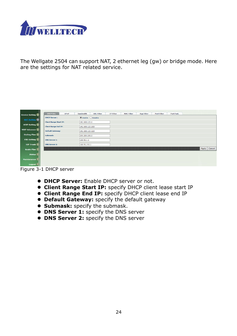 Ch3 nat setting, 1 dhcp ser. (dhcp server) | Welltech WG2504 FXS V.4.02 User Manual | Page 24 / 95
