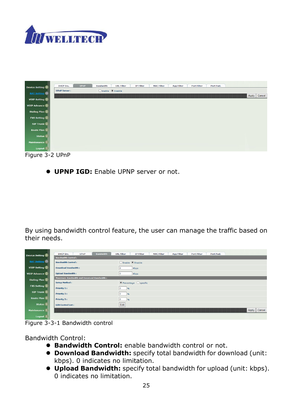 2 upnp (universal plug and play server), 3 bandwidth (bandwidth control) | Welltech WG2504 FXS V.4.02 User Manual | Page 25 / 95