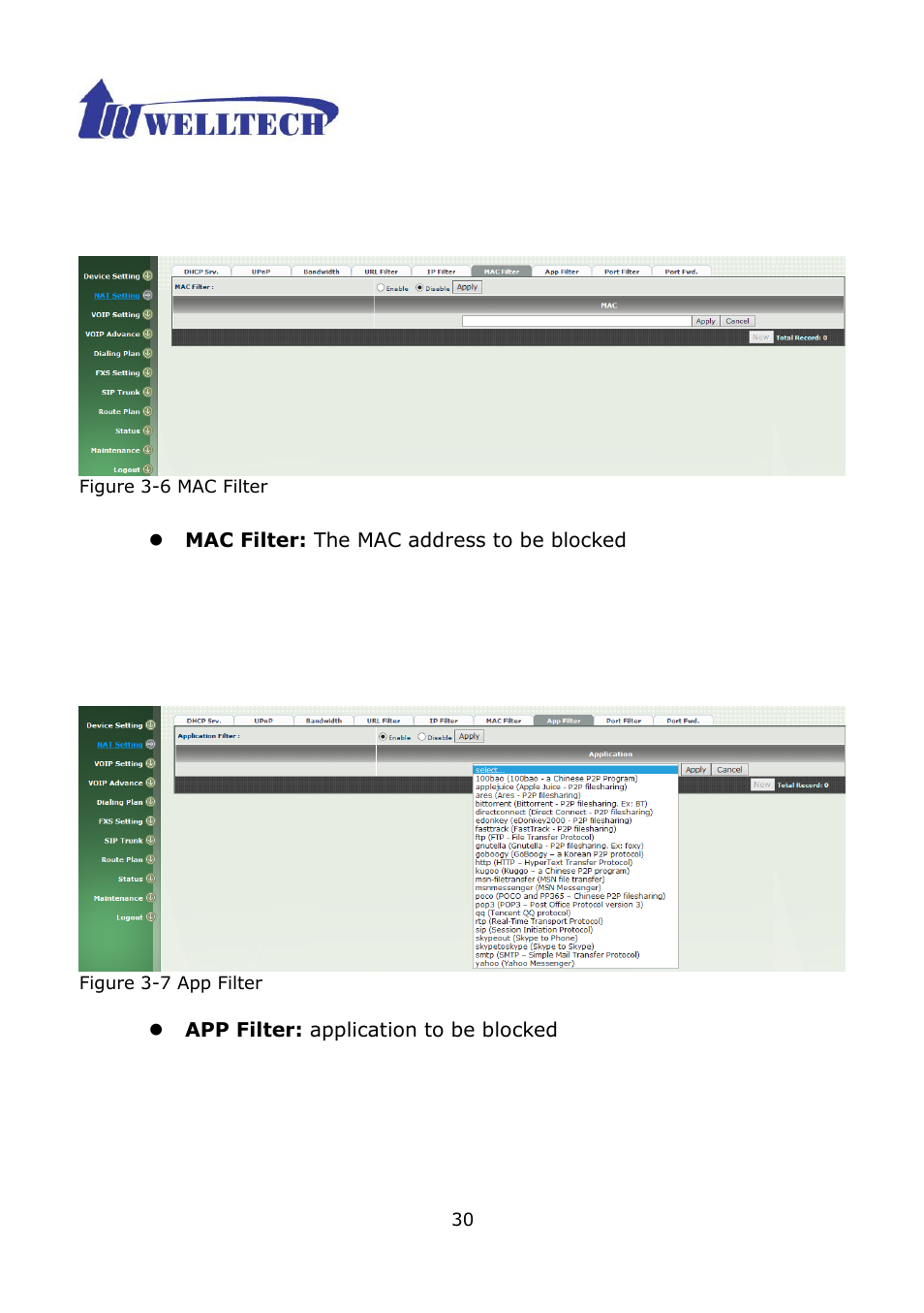 6 mac filter, 7 app filter | Welltech WG2504 FXS V.4.02 User Manual | Page 30 / 95