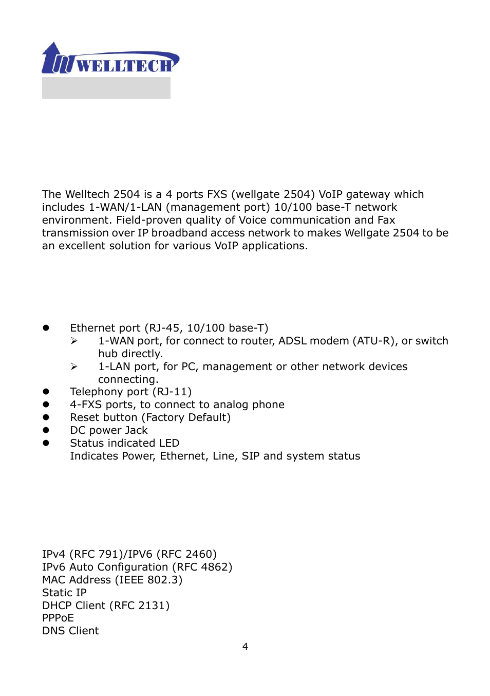 Ch1 introduction, 1 physical interface, 2 ip network connection | Wellgate 2504 | Welltech WG2504 FXS V.4.02 User Manual | Page 4 / 95