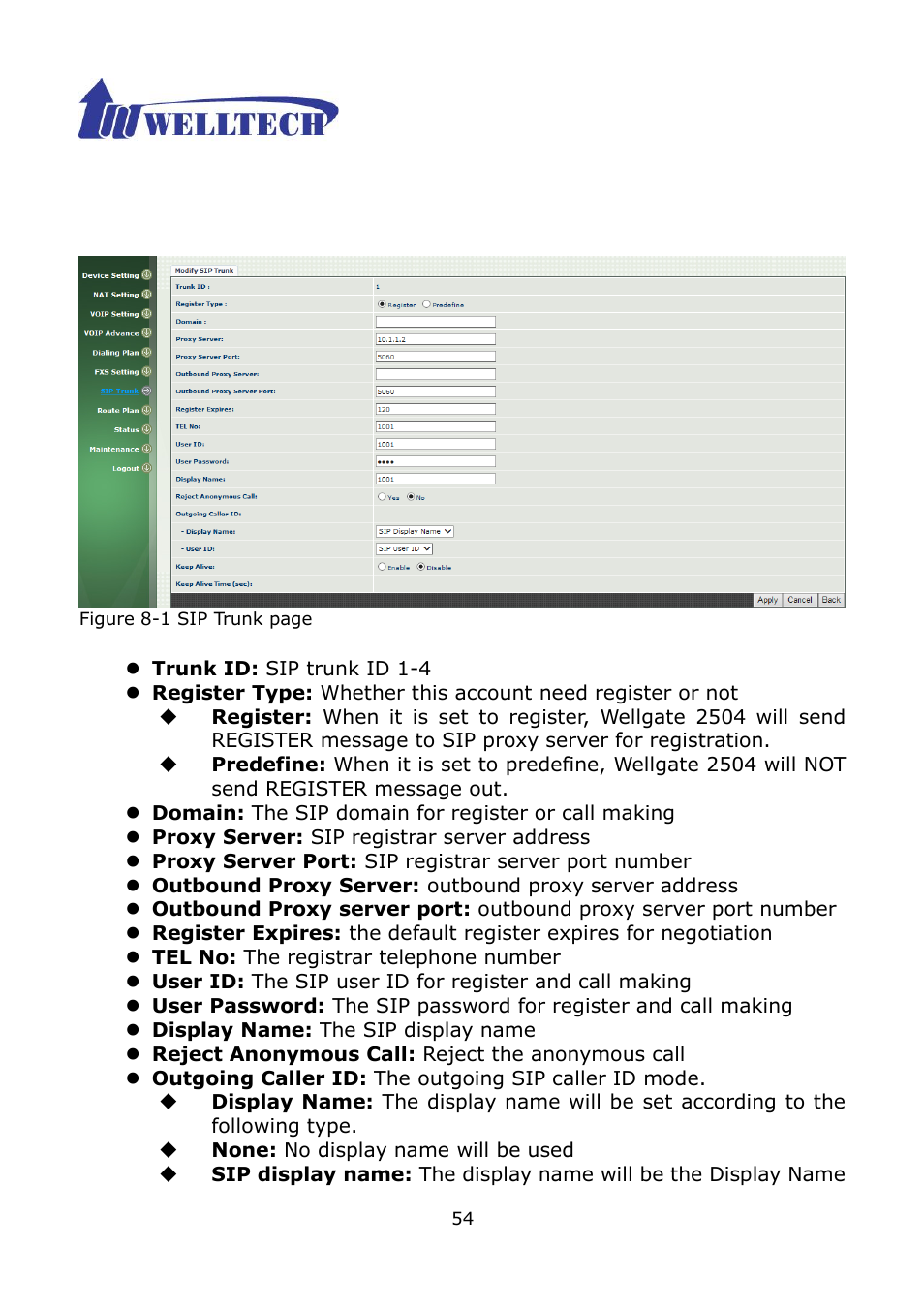 1 create sip trunk | Welltech WG2504 FXS V.4.02 User Manual | Page 54 / 95
