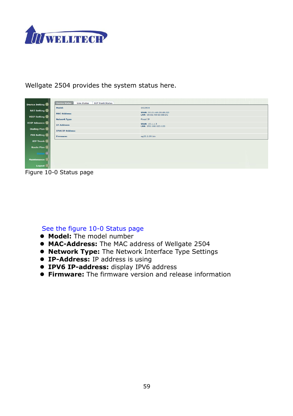Ch10 status, 1 device status | Welltech WG2504 FXS V.4.02 User Manual | Page 59 / 95