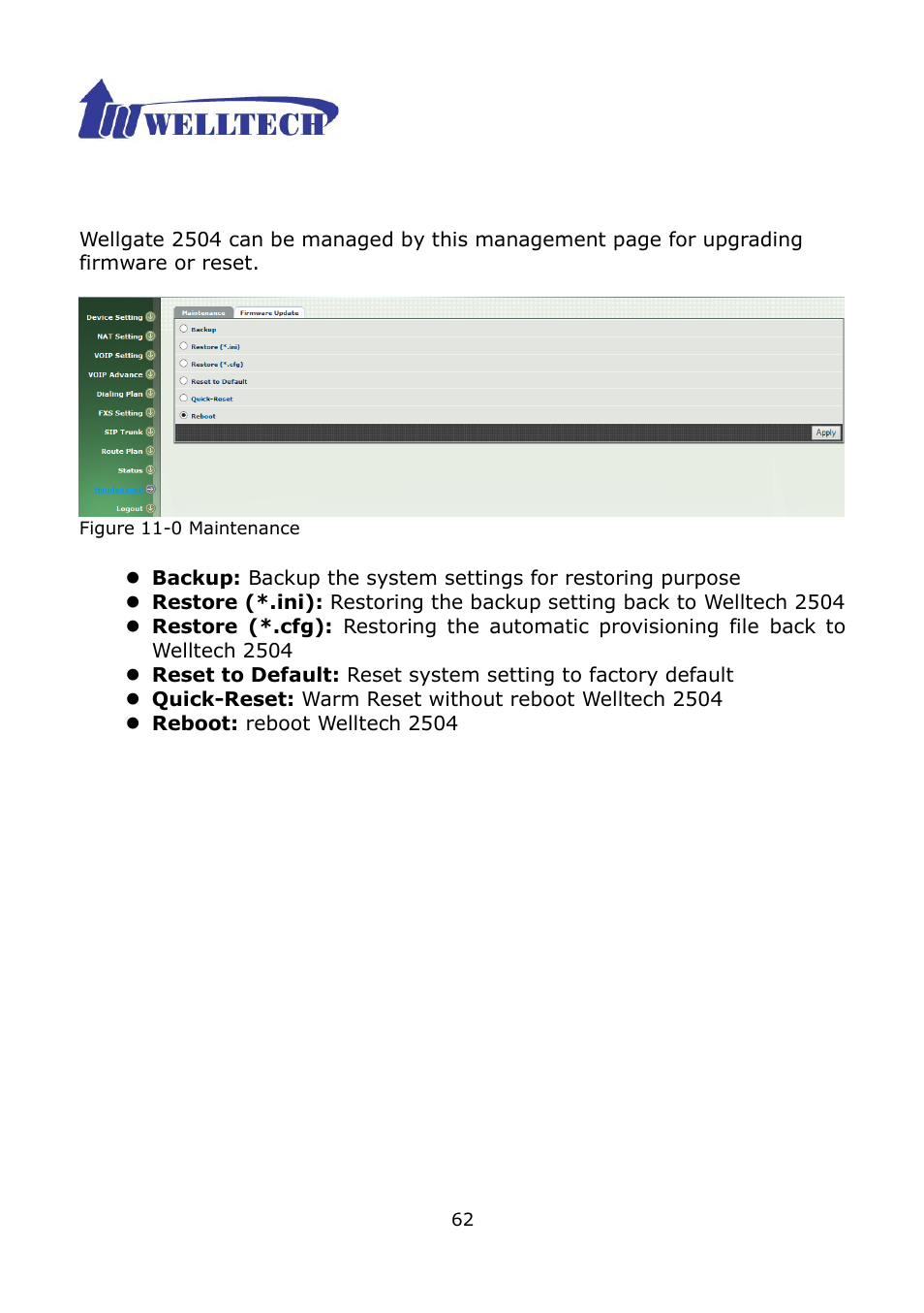 Ch11 maintenance | Welltech WG2504 FXS V.4.02 User Manual | Page 62 / 95