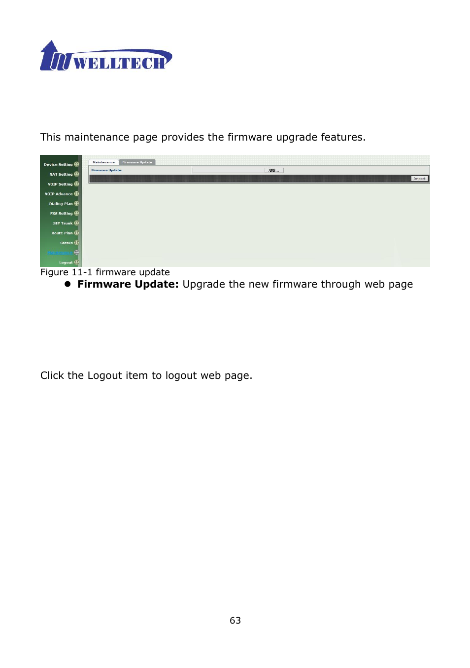 1 firmware update, Ch12 logout | Welltech WG2504 FXS V.4.02 User Manual | Page 63 / 95