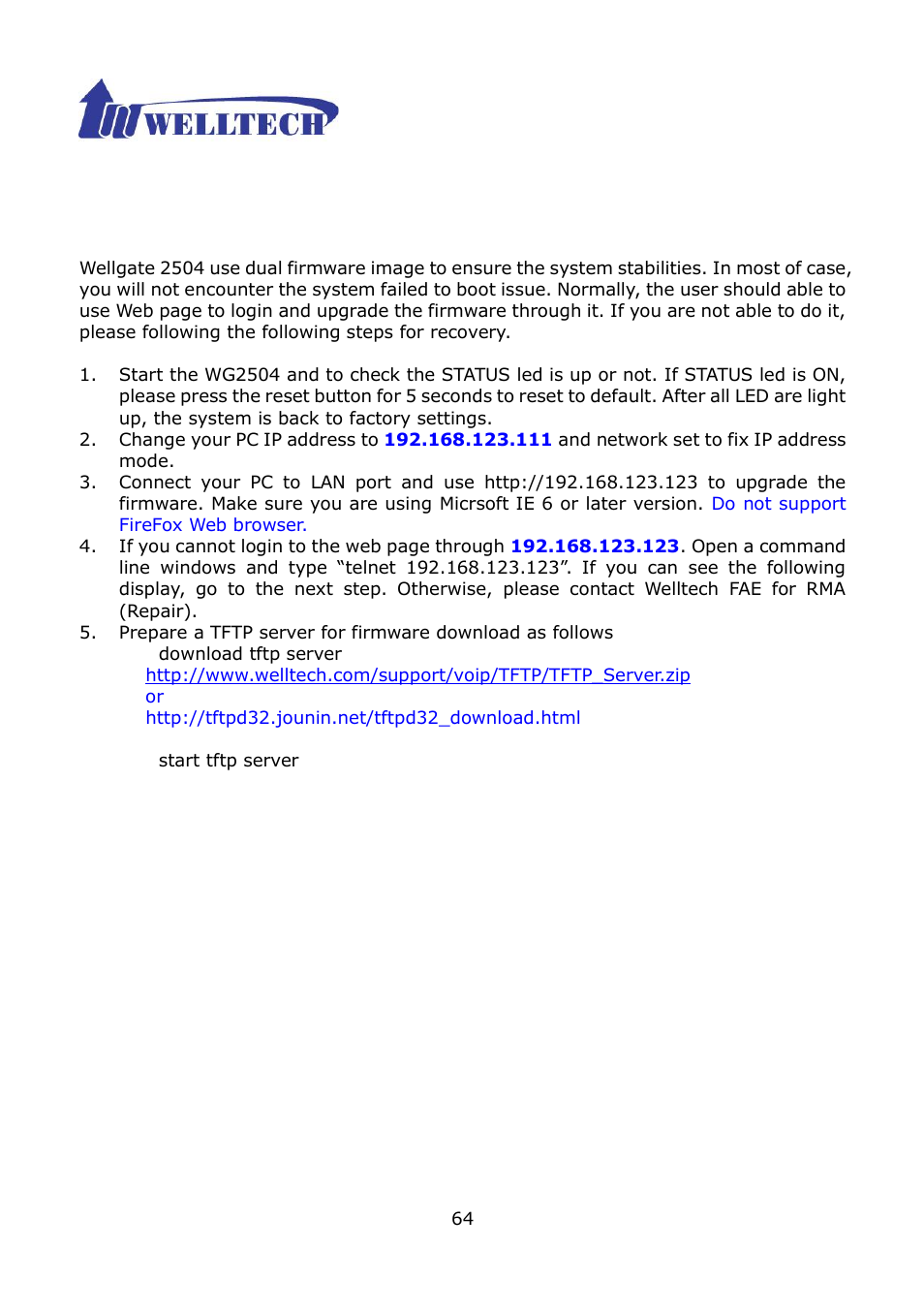 Appendix a--- system recovery | Welltech WG2504 FXS V.4.02 User Manual | Page 64 / 95