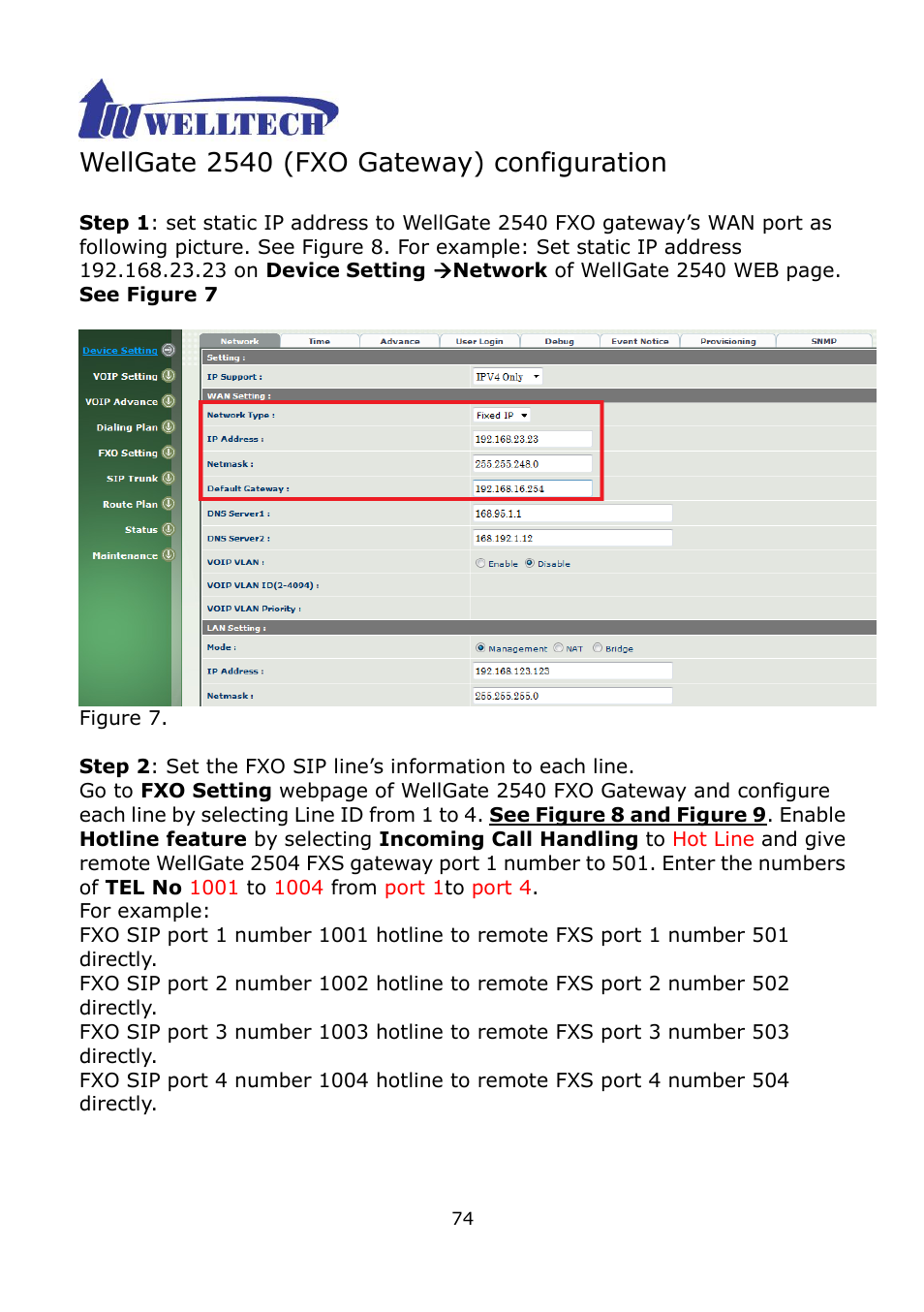 Wellgate 2540 (fxo gateway) configuration | Welltech WG2504 FXS V.4.02 User Manual | Page 74 / 95