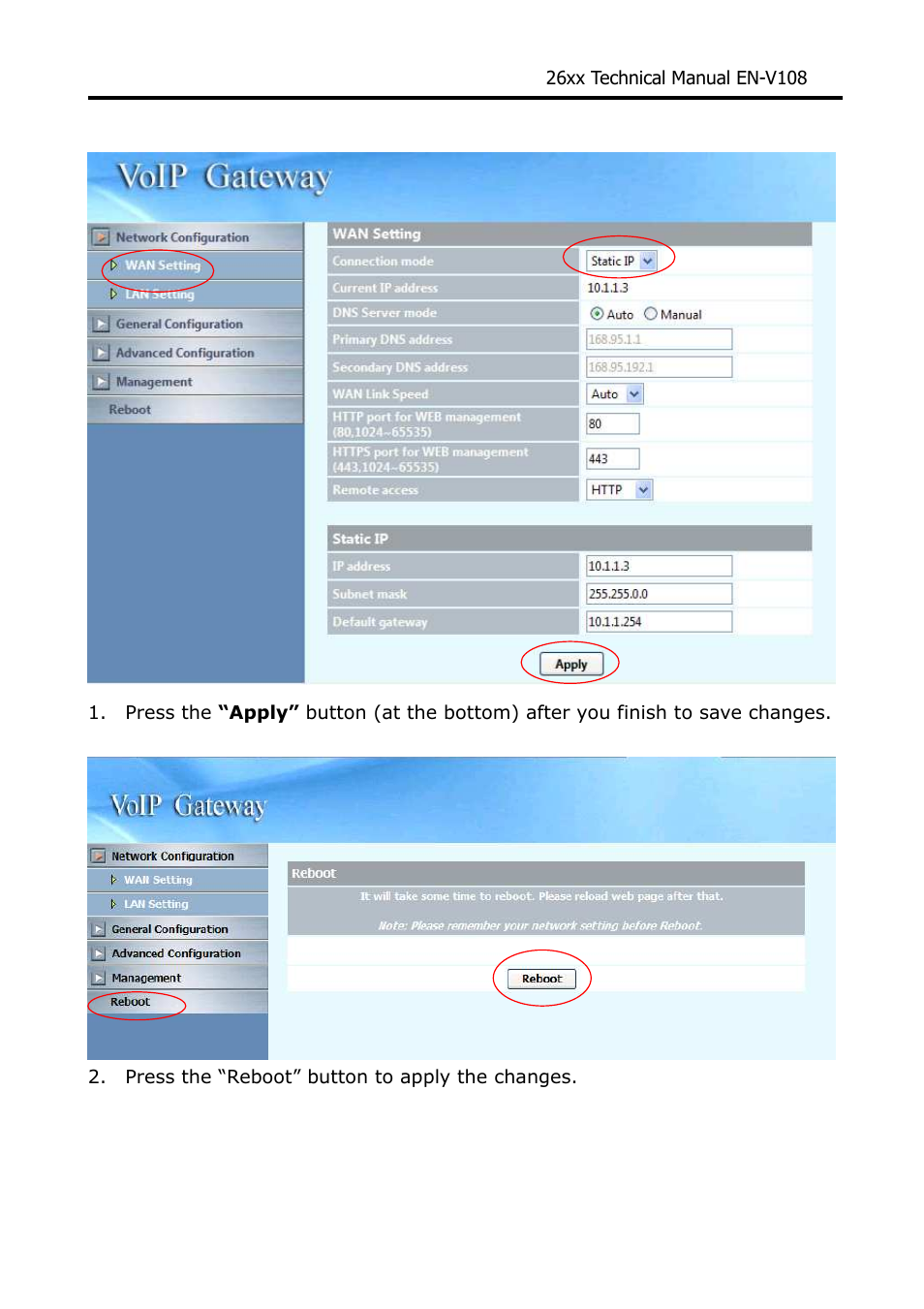 1 wan setting --static ip | Welltech WG26xx Series V.1.08a User Manual | Page 18 / 95