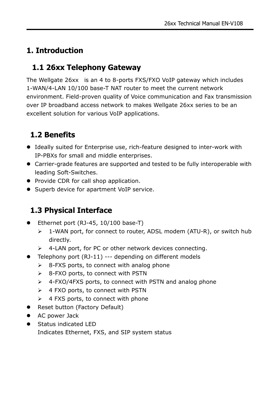 Introduction 1.1 26xx telephony gateway, 2 benefits, 3 physical interface | Welltech WG26xx Series V.1.08a User Manual | Page 4 / 95