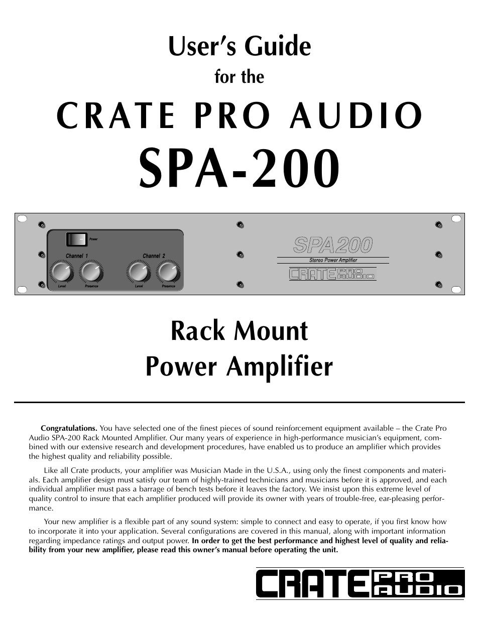 Crate Amplifiers SPA-200 User Manual | 4 pages