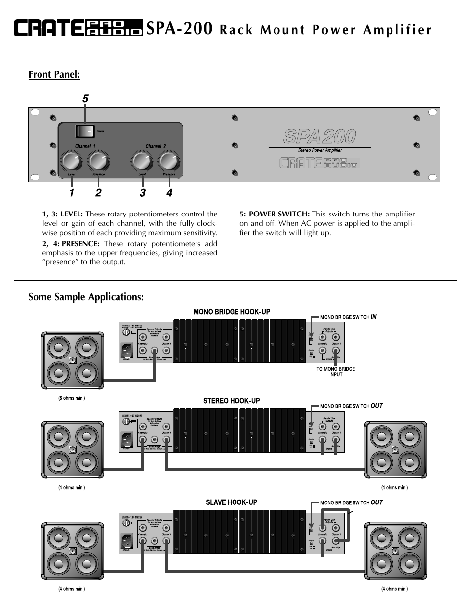 Spa-200, Front panel: some sample applications | Crate Amplifiers SPA-200 User Manual | Page 2 / 4