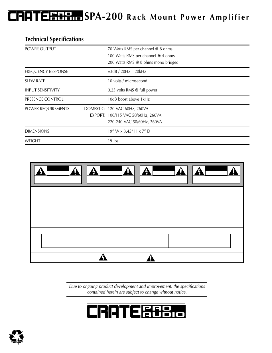 Spa-200, Technical specifications | Crate Amplifiers SPA-200 User Manual | Page 4 / 4