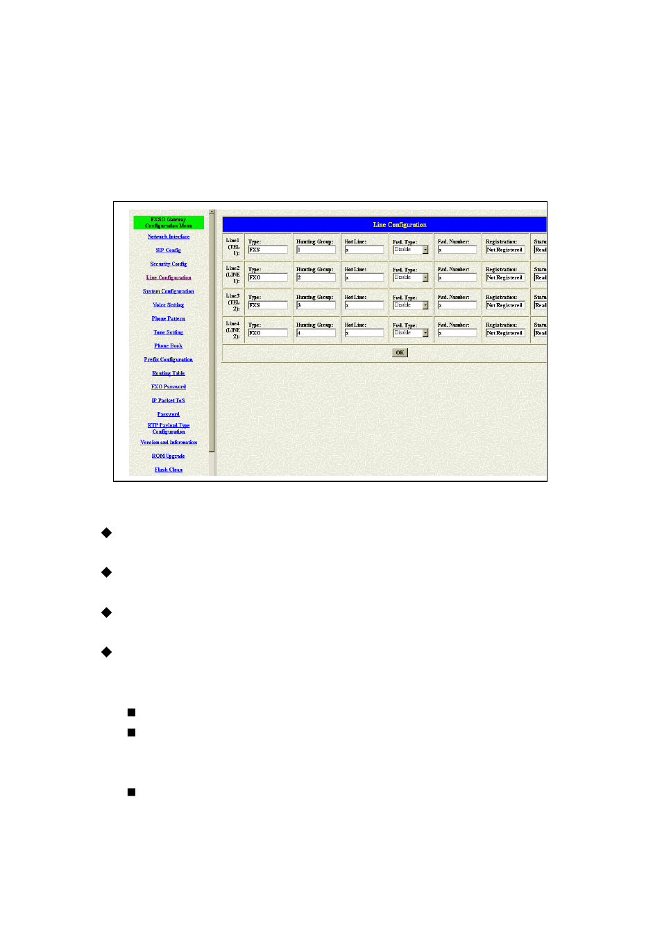 4 line configuration | Welltech FXSO Gateway In SIP V.1.2 User Manual | Page 31 / 100