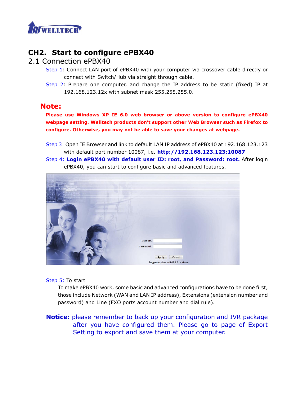 Start to configure epbx40, 1 connection epbx40 | Welltech ePBX40 V.2.0 User Manual | Page 12 / 128