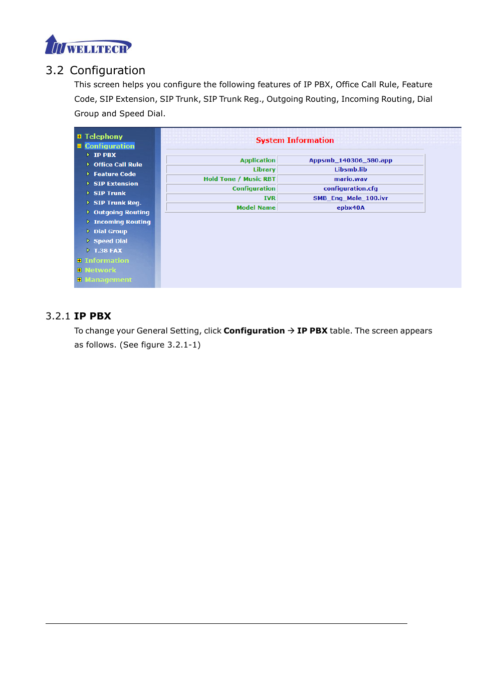 2 configuration, 1 ip pbx | Welltech ePBX40 V.2.0 User Manual | Page 34 / 128