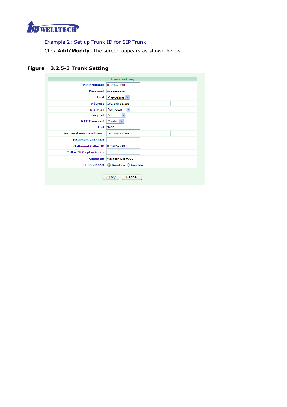 Figure 3.2.5-3 trunk setting | Welltech ePBX40 V.2.0 User Manual | Page 59 / 128