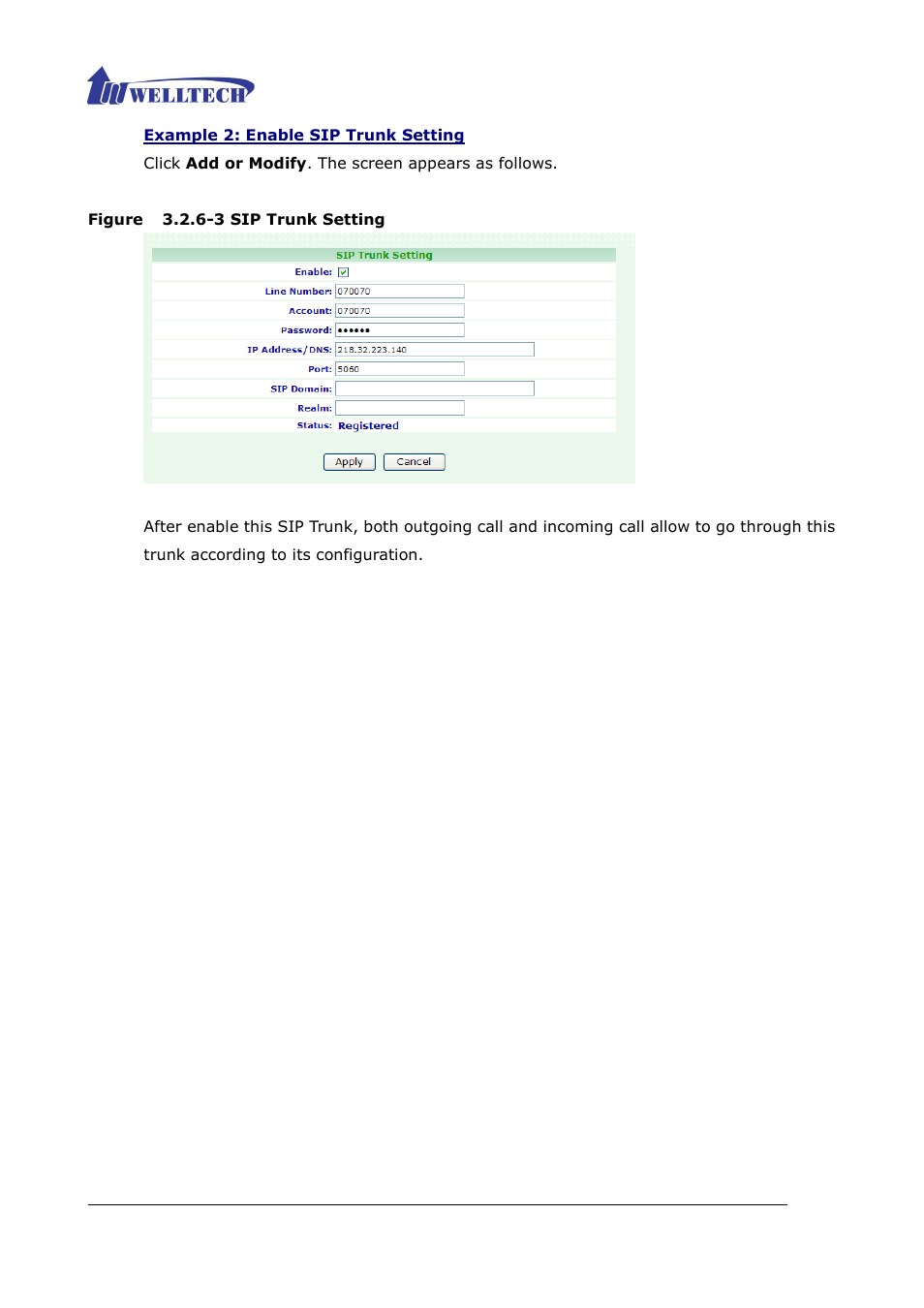 Figure 3.2.6-3 sip trunk setting | Welltech ePBX40 V.2.0 User Manual | Page 63 / 128