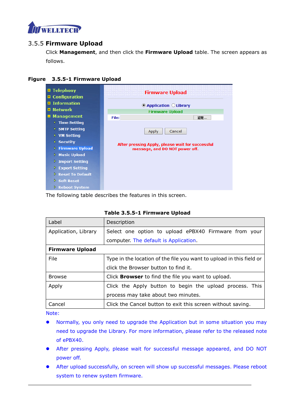 5 firmware upload, Figure 3.5.3-1 firmware upload, Table 3.5.3-1 firmware upload | Welltech ePBX40 V.2.0 User Manual | Page 86 / 128
