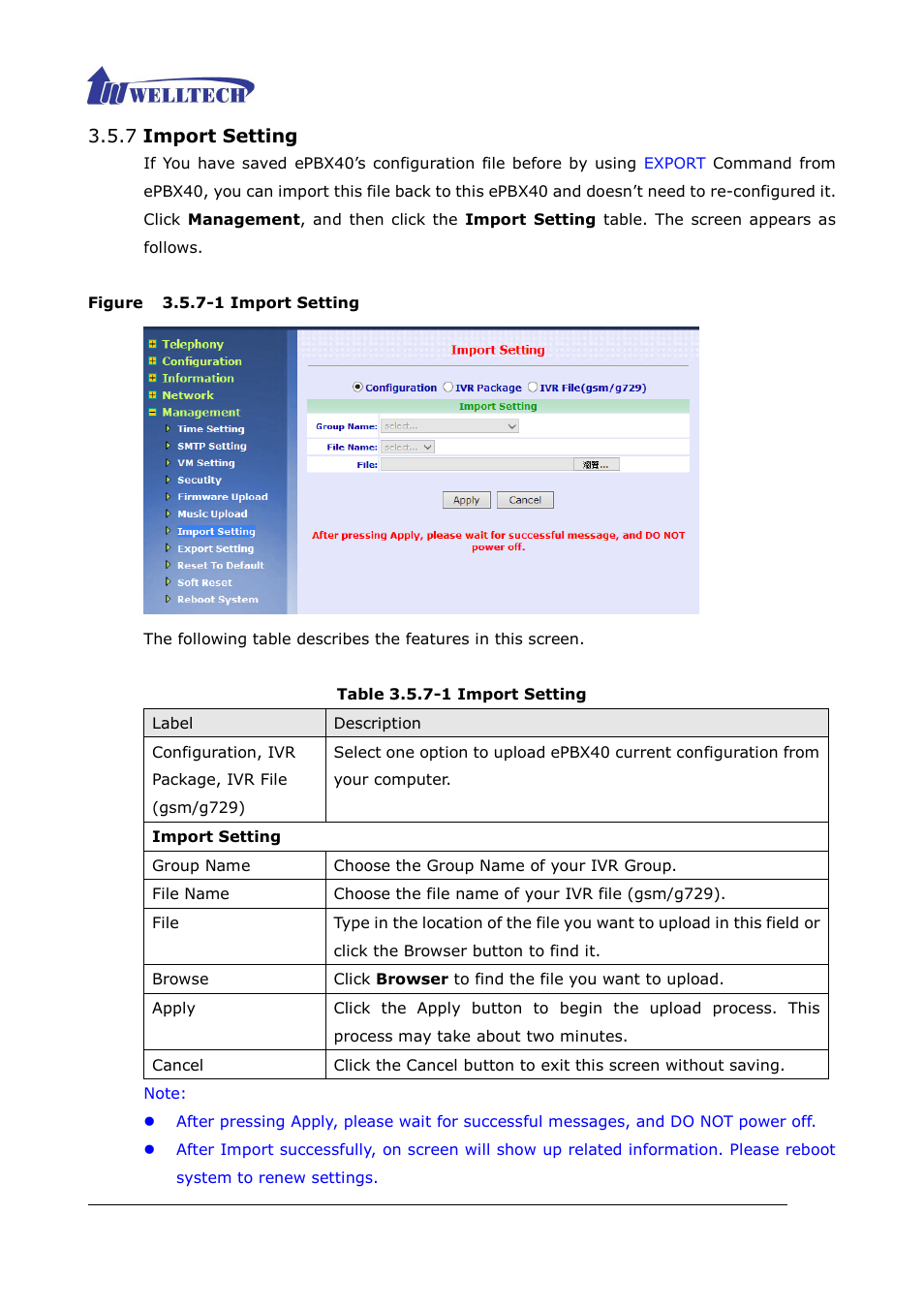 7 import setting, Figure 3.5.5-1 import setting, Table 3.5.5-1 import setting | Welltech ePBX40 V.2.0 User Manual | Page 88 / 128