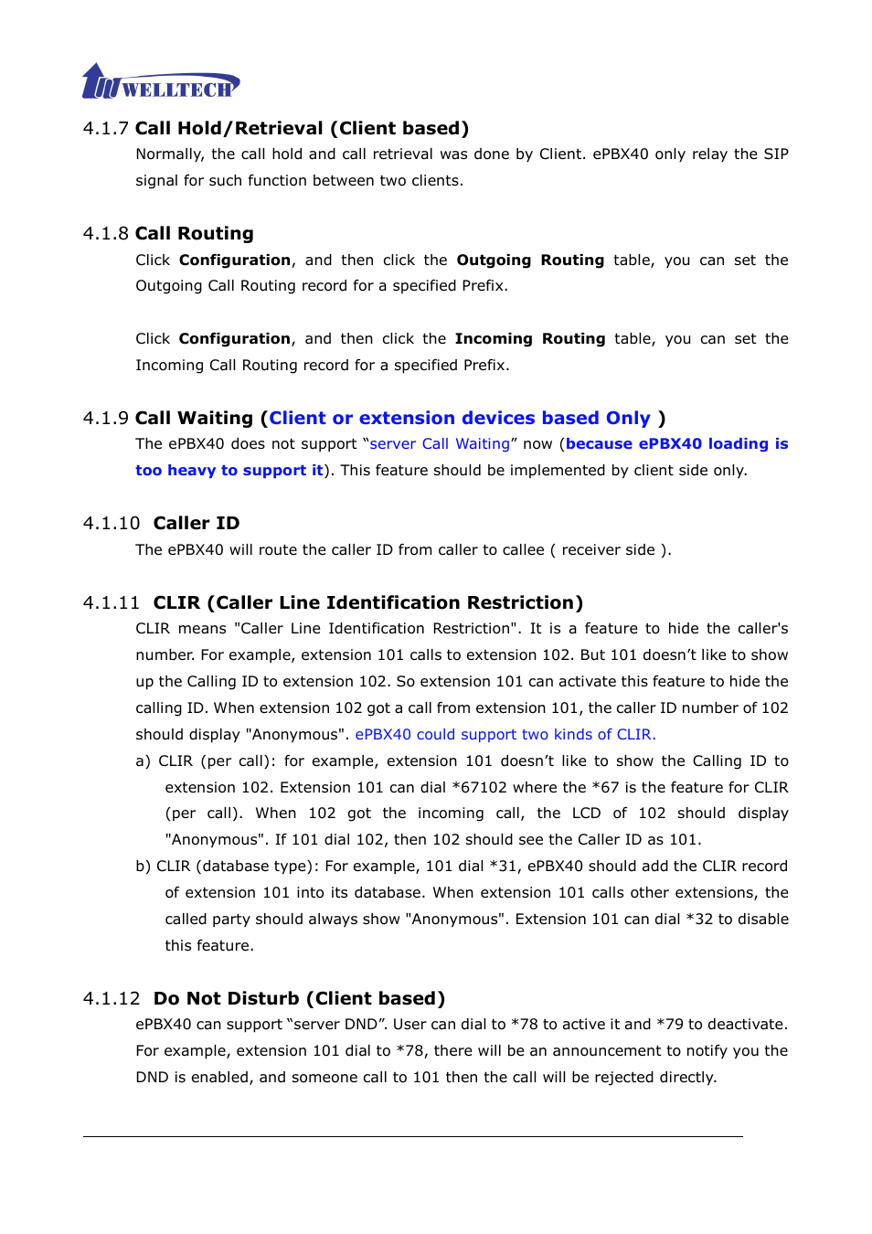 Caller id, Clir (caller line identification restriction), Do not disturb (client based) | Welltech ePBX40 V.2.0 User Manual | Page 92 / 128