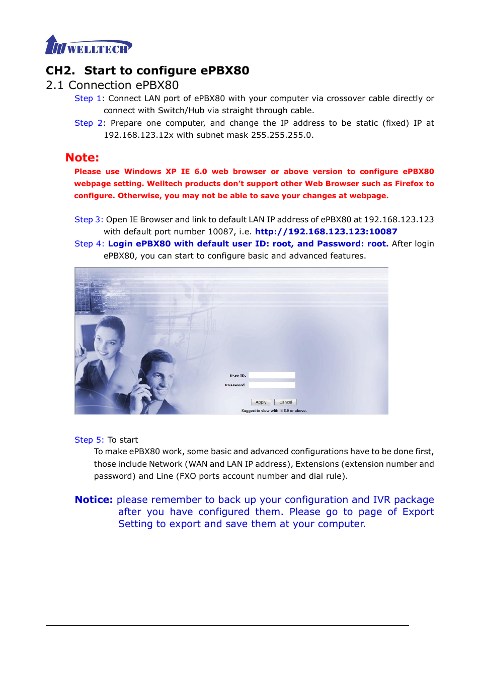 Start to configure epbx80, 1 connection epbx80 | Welltech ePBX80 V.1.1 User Manual | Page 12 / 129