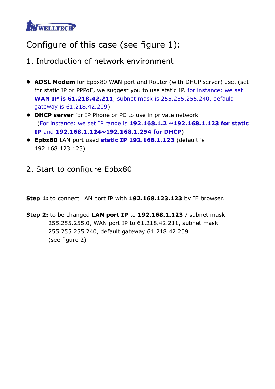 Configure of this case (see figure 1), Introduction of network environment, Start to configure epbx80 | Welltech ePBX80 V.1.1 User Manual | Page 125 / 129